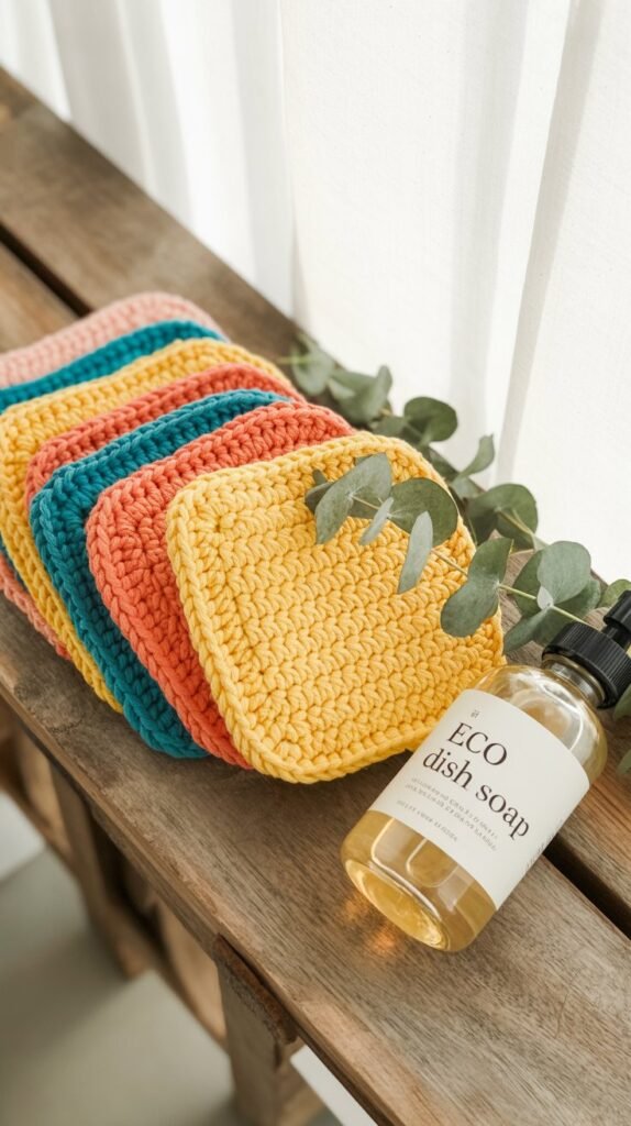 A photograph of a flat lay arrangement featuring several brightly colored crocheted scrubbies neatly arranged on a weathered rustic wooden surface. The scrubbies are a vibrant assortment of yellow, coral, and teal, each with a unique textured pattern and a slightly irregular shape. Beside the scrubbies sits a glass bottle of "eco dish soap" with a minimalist label, accompanied by a few sprigs of fragrant eucalyptus, their silvery-green leaves adding a touch of freshness to the composition. Soft, natural light illuminates the scene from above, casting gentle shadows and highlighting the textures of the wood and fabric.