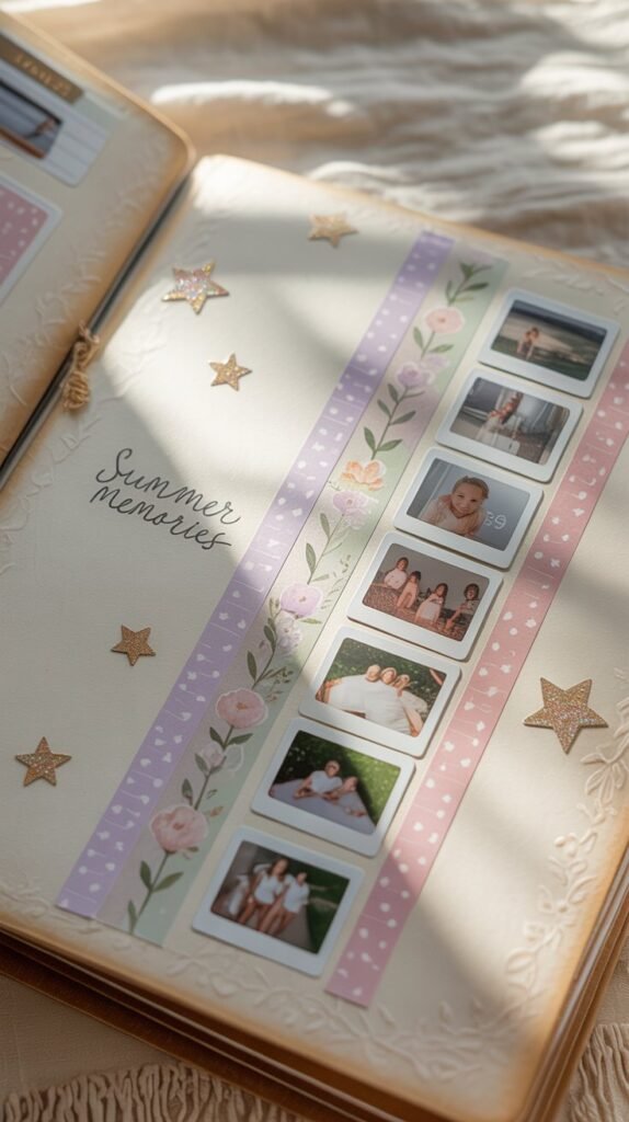 A photograph of a gently aged scrapbook page with faded edges and a soft, pastel color palette. The page is adorned with delicate floral washi tape in shades of lavender, rose, and mint green, framing a collection of tiny Polaroid-style photos arranged along a handwritten timeline that reads "Summer Memories". Scattered throughout the page are shimmering gold star stickers, catching the light, and a small, handwritten note tucked into the corner says "Always". The background is a textured cream cardstock with subtle, embossed details, bathed in soft, diffused light.