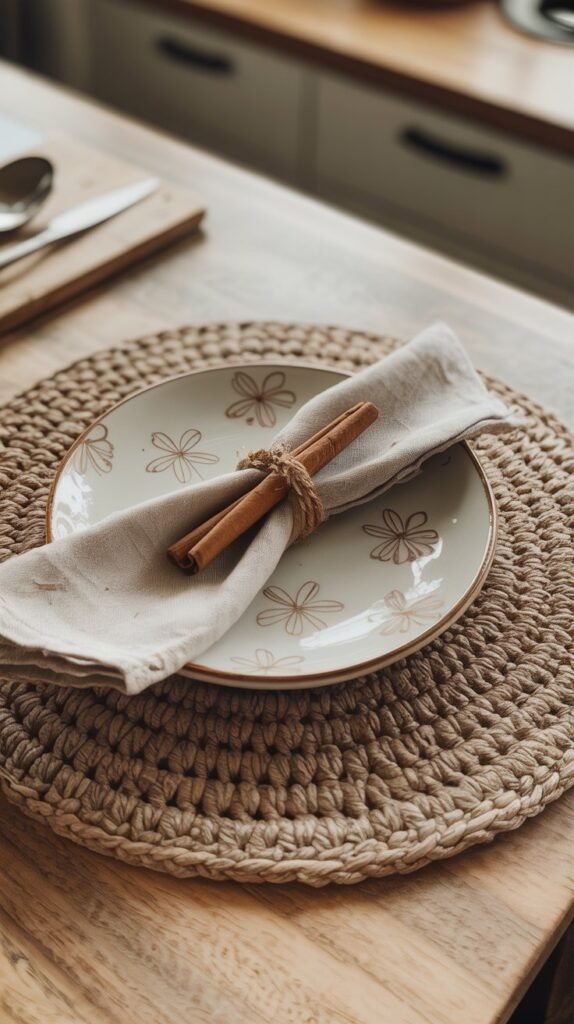 A photograph of a hand-crocheted jute placemat showcasing a circular design with visible texture and subtle color variations. Centered on the placemat rests a rustic ceramic plate, displaying a simple floral pattern in muted earth tones. A cinnamon stick is artfully tied around a linen napkin, adding a touch of warmth and natural charm. The scene is bathed in soft, natural light, creating a cozy and welcoming ambiance with a blurred background of wooden countertops.