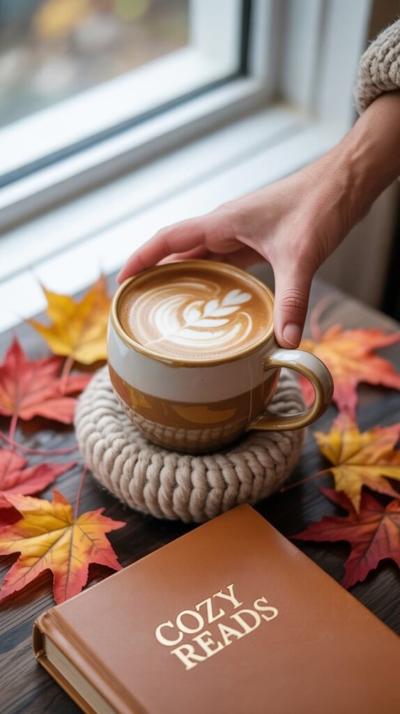 A photograph of a hand gently cradling a warm latte in a ceramic mug, positioned over a textured, chunky-knit coaster. The latte art features a delicate swirl design, and the mug is a soft, creamy beige color. Scattered around the coaster are vibrant, fallen maple leaves in shades of red, orange, and yellow, while a leather-bound book lies open nearby with the title "Cozy Reads" printed in gold lettering. Soft, diffused natural light streams in from a nearby window, casting a warm glow on the scene and creating a welcoming, autumnal atmosphere.