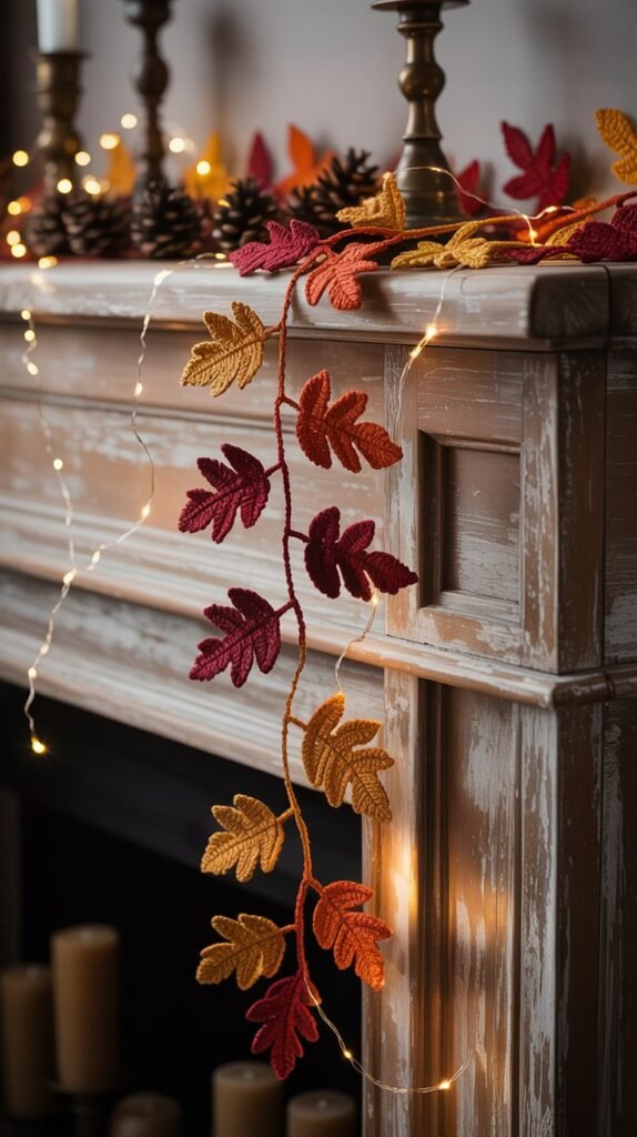 A photograph of a long, flowing crochet leaf garland draped across a weathered rustic wooden mantelpiece. The garland is composed of leaves in rich autumnal colors – deep reds, burnt oranges, and golden yellows – and interwoven with delicate twinkling fairy lights.  The mantelpiece itself is adorned with a few antique brass candlesticks and a scattering of pinecones, creating a cozy and inviting atmosphere. Soft, warm lighting casts gentle shadows across the scene, highlighting the texture of the leaves and wood.