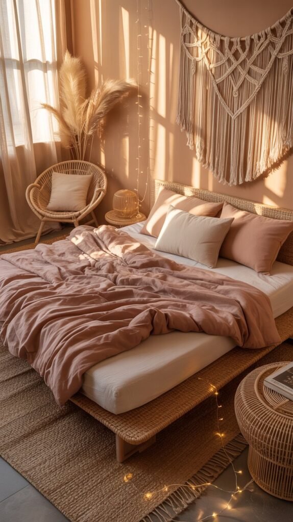 A photograph of a low platform bed draped with a dusty rose boho comforter, situated within a sun-drenched room. The bed is adorned with several plush pillows and rests on top of a textured jute rug, while woven rattan furniture sits gracefully around it. A delicate macramé wall hanging with intricate knotwork hangs above the headboard, and twinkling fairy lights softly illuminate the space, creating a dreamy, desert hideaway feel. Warm, golden light streams in through sheer curtains, casting gentle shadows across the room and highlighting the soft textures of the bedding and furniture.
