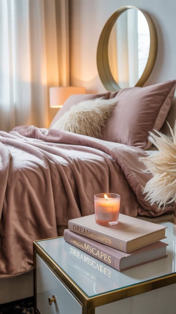 A photograph of a luxurious bedroom with a plush blush velvet duvet draped over a queen-sized bed. A stack of soft pink books with gold lettering titled "Dreamscapes" sits on a gleaming white nightstand alongside a flickering vanilla-scented candle. A creamy white faux fur throw is casually arranged at the foot of the bed, complementing a round mirror framed in brushed gold which reflects the soft gold lighting filtering in from a nearby window. The scene is bathed in gentle, diffused natural light, creating a warm and inviting atmosphere.
