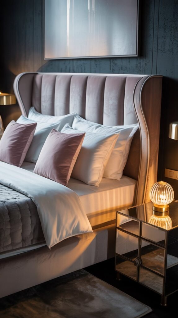A photograph of a luxurious king-sized bed centered in a dimly lit, modern bedroom. The bed boasts a plush, gray velvet headboard accented by several soft pink velvet cushions arranged casually. A mirrored side table sits to the right of the bed, subtly reflecting the warm, golden glow of a crystal lamp resting on its surface. The background fades into a dark, textured wall with minimalist art subtly hanging above the headboard.