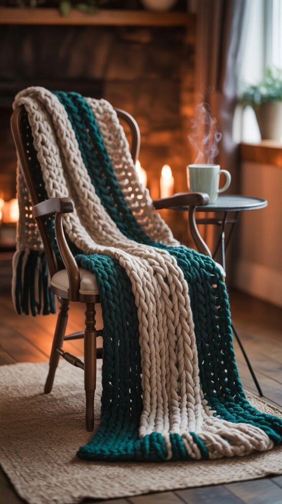 A photograph of a luxuriously chunky, oversized crochet scarf draped casually over a vintage wooden chair. The scarf, a blend of cream, beige, and deep forest green, has a thick, textured weave and a fringe detail. A steaming mug of hot cocoa sits on a small table beside the chair, and a soft, warm light filters through a nearby window illuminating the cozy scene. The background shows a blurred view of a rustic living room with a stone fireplace and warm wooden floors, evoking a feeling of autumnal comfort and style.