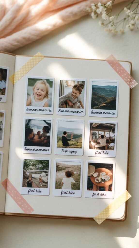 A photograph of a meticulously crafted scrapbook page featuring a 9-photo faux Polaroid grid. Each mini photo displays a candid moment – a laughing child, a scenic landscape, a cozy cafe scene – with a delicate handwritten caption underneath, such as "Summer Memories" and "First Hike". The page is set on a soft ivory background adorned with pastel pink and yellow washi tape corner accents, creating a charmingly vintage aesthetic. Soft, diffused sunlight gently illuminates the page, casting a warm glow and enhancing the overall scrapbook feel.