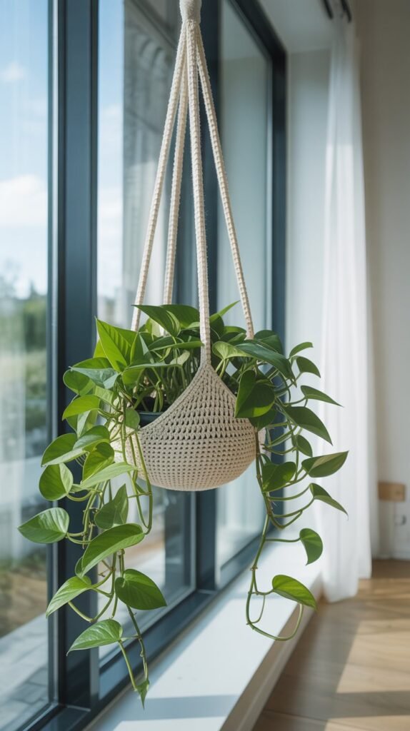 A photograph of a modern, cream-colored crochet plant hanger suspended in front of a large window. Inside the hanger sits a vibrant trailing pothos plant with lush green leaves cascading downwards. Soft natural light streams through the window, illuminating the plant and casting gentle shadows on the white wall behind it. A sleek wooden floor and a simple white curtain complete the minimalist, calming interior scene.