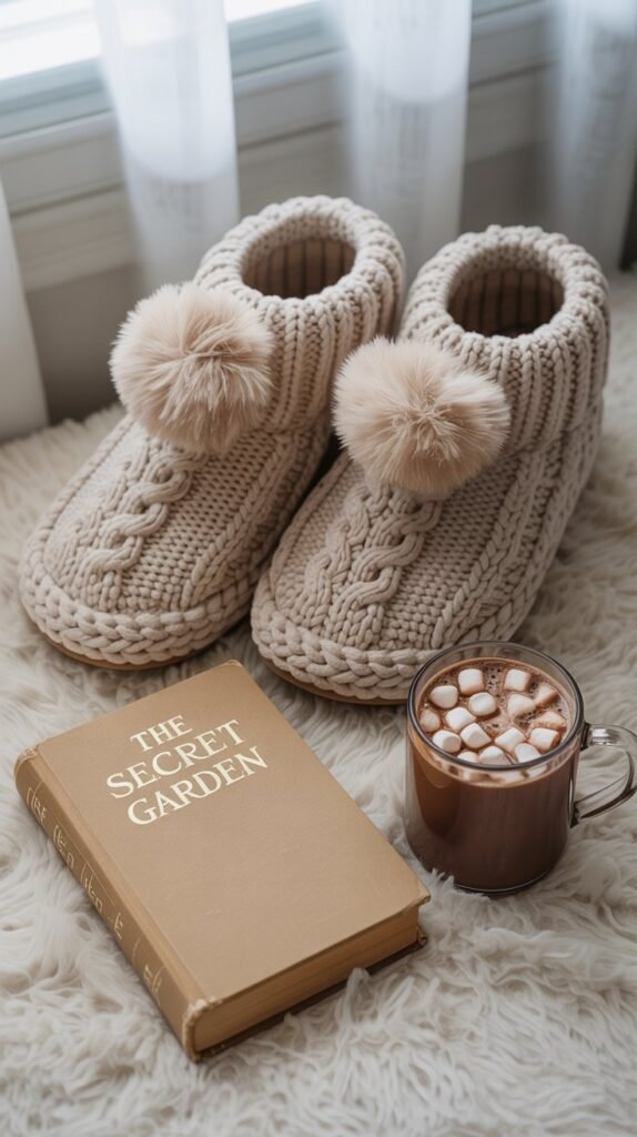 A photograph of a pair of oversized, chunky knit slippers in a cream color resting on a plush, ivory-colored rug. The slippers feature intricate cable knit patterns and fluffy pom-poms adorning the tops, positioned next to a steaming mug of hot cocoa with a generous swirl of marshmallows. A well-worn hardcover book lies open beside the cocoa, displaying the title "The Secret Garden" in elegant gold lettering. Soft, diffused window light creates a cozy and inviting atmosphere, highlighting the textures of the knit and rug.