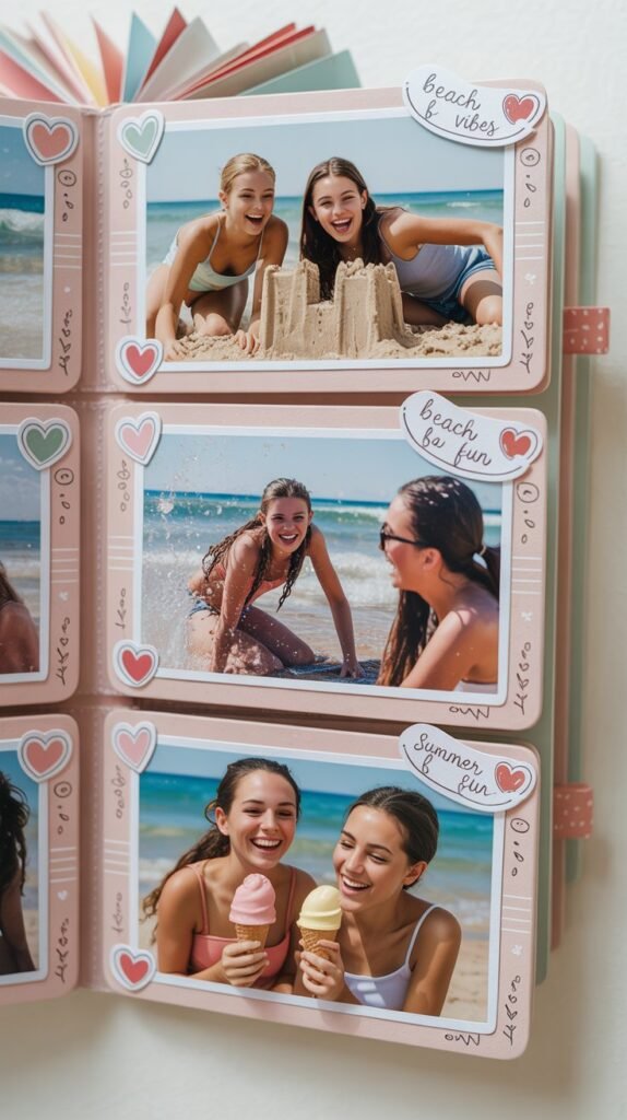 A photograph of a pastel-colored scrapbook page displaying three vertically stacked, flip-up photo panels. Each panel showcases a charming snapshot of friends laughing on a sunny beach, with whimsical doodles of pink and red hearts adorning the edges and handwritten notes reading "Beach Vibes" and "Summer Fun" visible in delicate cursive. The central panel features a photo of three smiling friends building a sandcastle, while the other two panels depict candid moments of splashing in the ocean and sharing ice cream. Soft, diffused lighting illuminates the scrapbook page, enhancing the playful and interactive theme of a memorable beach trip.