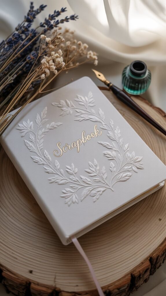 A photograph of a pristine white scrapbook cover embossed with an intricate floral design, resting gently on a textured wooden surface. The cover features delicate gold script reading "scrapbook" across its surface, positioned elegantly near a cluster of dried lavender and baby's breath flowers. Beside the cover lies an antique calligraphy pen with a teal inkwell. Soft, diffused natural light illuminates the scene, creating a peaceful and nostalgic atmosphere.