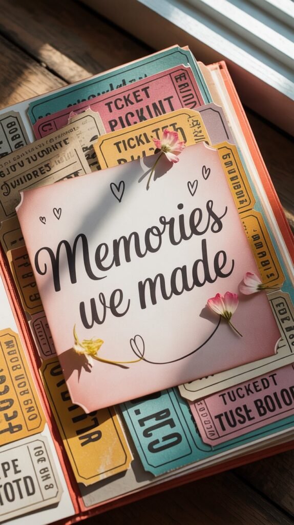 A photograph of a scrapbook page filled with a joyful collection of vintage ticket stubs from concerts and travels. The stubs are layered on a creamy pastel pink paper, with faded edges and slightly curling corners, and a looping, handwritten note reading "Memories We Made" in elegant cursive ink. Tiny, delicate heart doodles and a few pressed flower petals are scattered across the page, catching the soft light of a nearby window, creating a warm and nostalgic atmosphere. The page has a worn texture suggesting years of treasured memories, evoking a sense of sentimental value and shared adventures.