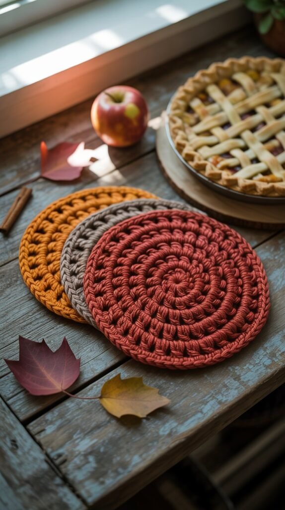 A photograph of a set of three handmade crochet hot pads in hues of burnt orange, deep red, and golden yellow sitting on a weathered wooden table. The hot pads are circular with intricate floral patterns, and are placed neatly beside a freshly baked apple pie with a lattice crust. A scattering of dried leaves and a single cinnamon stick lay around the pie and hot pads, illuminated by the warm glow of natural light streaming through a nearby window. The rustic table is slightly worn, hinting at years of use and adding a cozy, autumnal atmosphere.