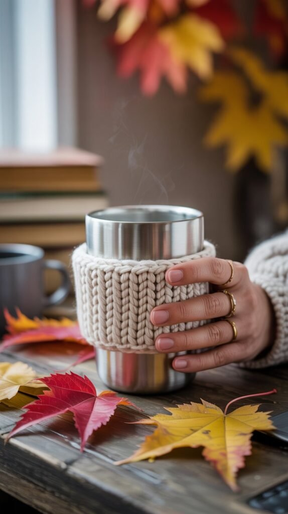 A photograph of a stainless steel reusable cup adorned with a chunky, cream-colored crochet sleeve. The hand gently cradles the cup, displaying neatly trimmed nails and a few gold rings, while vibrant autumn leaves—scarlet, gold, and crimson—scatter across a rustic wooden table in the blurred background. Soft, diffused sunlight streams through a nearby window, casting a warm glow on the cup and leaves. A faint glimpse of a steaming mug and a stack of books can be seen in the background, adding to the cozy atmosphere.