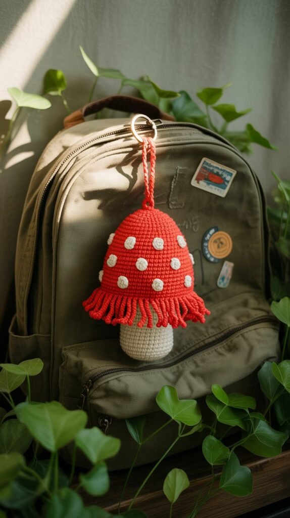 A photograph of a vibrant, bright red crochet mushroom keychain with evenly spaced white spots hanging from a worn, vintage canvas backpack. The keychain has a whimsical, slightly irregular shape, and its fringe-like stitches are clearly visible, dangling downwards. The backpack is adorned with a few faded travel stickers, and sits amongst a scattering of lush green leaves, creating a cozy and inviting scene perfect for "crochet keychain ideas" inspiration. Soft, diffused sunlight gently illuminates the scene, highlighting the texture of the keychain and the backpack's worn fabric.