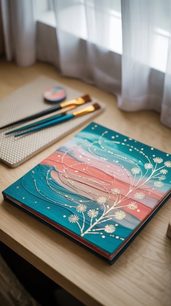 A photograph of a vibrant scrapbook cover resting on a light wooden table, showcasing a medley of artistic textures and embellishments. The cover itself is layered with swirling abstract paint strokes in shades of turquoise, coral, and gold, accented by delicate gold stamped floral designs and subtly raised geometric patterns. Next to the scrapbook cover are a few scattered paintbrushes and a textured craft mat, bathed in soft, diffused natural light from a nearby window. The scene evokes creativity and inspires viewers with a sense of handmade artistry and cozy craftsmanship.
