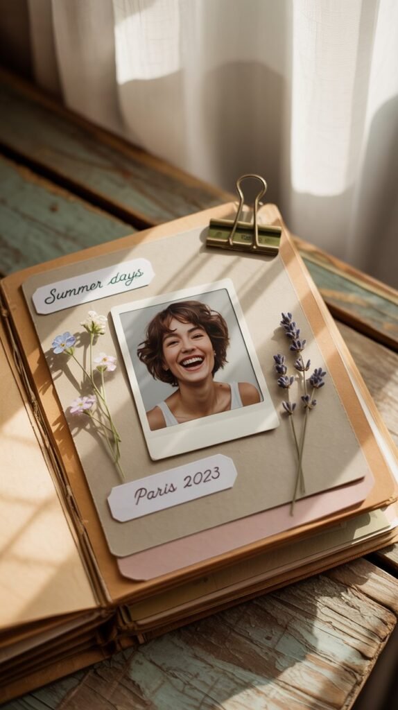 A photograph of a vintage scrapbook page crafted with soft beige and cream-colored cardstock, showcasing a central Polaroid photo of a woman with short, curly brown hair laughing joyfully. Scattered around the Polaroid are delicate, pressed forget-me-nots and a few sprigs of dried lavender, with handwritten captions in elegant black ink reading "Summer Days" and "Paris 2023" subtly placed nearby. The scrapbook page rests on a weathered wooden table, bathed in the warm glow of natural light filtering through a sheer white curtain, evoking a feeling of nostalgia and quiet beauty. A single antique brass paperclip holds the page gently in place, adding a touch of rustic charm.