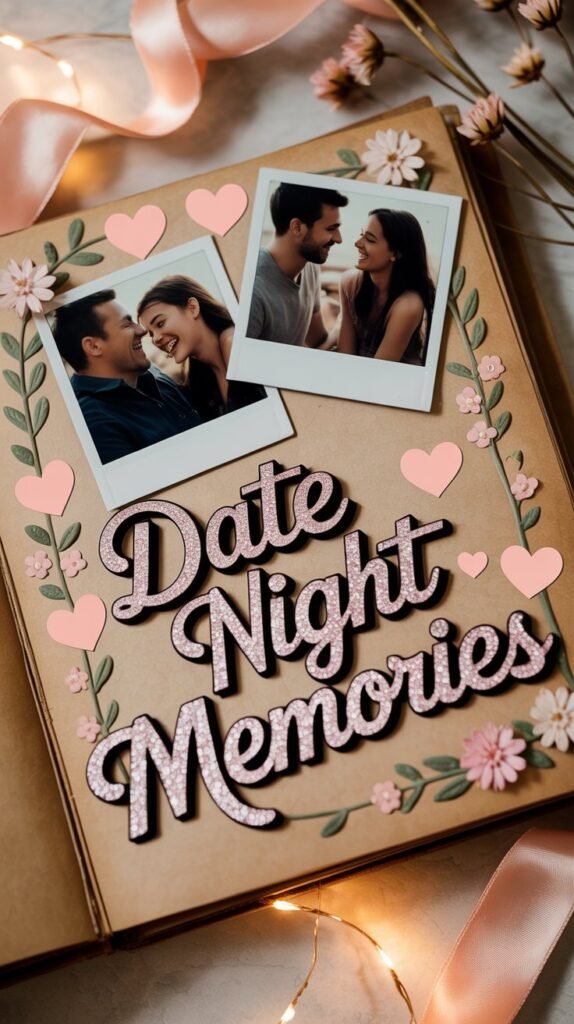 A photograph of a vintage scrapbook page displaying a collection of cherished memories. A series of polaroid photographs depicting a couple laughing and sharing intimate moments are arranged artfully on a warm-toned background of aged paper, encircled by pastel pink heart-shaped stickers and delicate floral embellishments. Across the top, a glittery title proclaims "Date Night Memories" in elegant cursive lettering, while soft, diffused light illuminates the page, evoking a sense of nostalgia and heartfelt sentimentality. Scattered around the photographs are dried flowers and antique ribbon, adding to the scrapbook’s timeless charm.