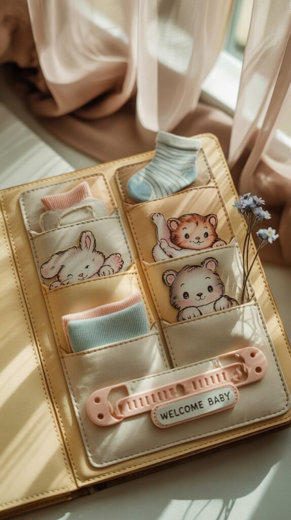 A photograph of a vintage scrapbook page with a soft pastel yellow background. Several neatly arranged pockets are adhered to the page, each featuring adorable baby animal die-cuts – a fluffy bunny, a playful kitten, and a sleepy little bear – and filled with delicate keepsakes like a tiny striped sock and a faded pink hospital bracelet labeled with "Welcome Baby" . A single dried forget-me-not flower is tucked into the corner, and the page is gently illuminated by soft, natural light streaming in from the left, creating subtle shadows. The overall effect evokes a feeling of nostalgic warmth and cherished memories.