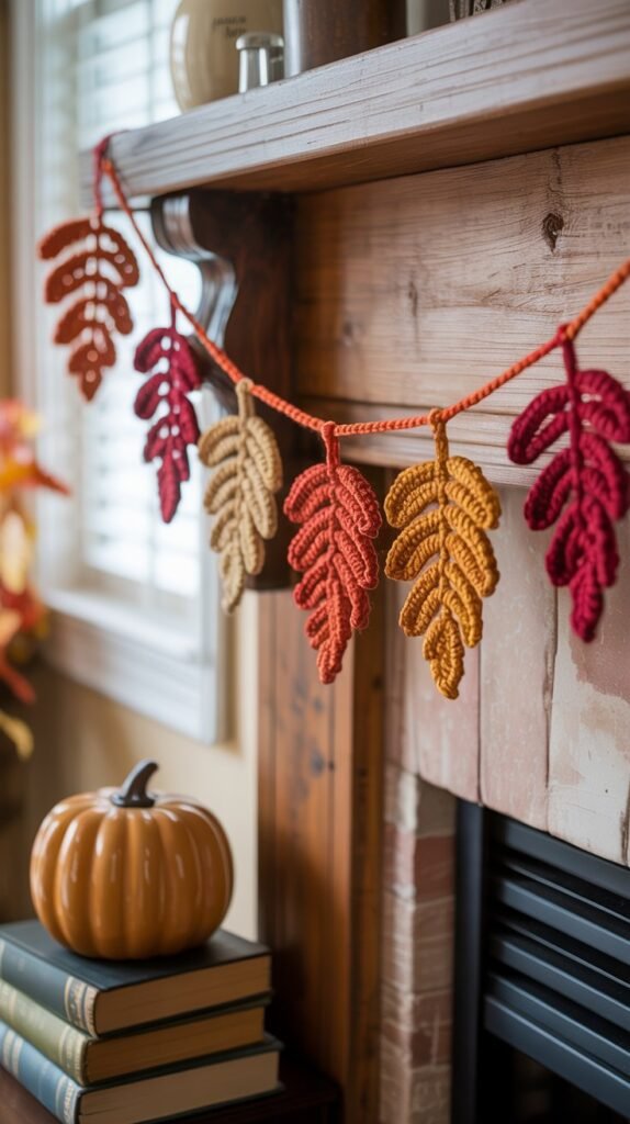 A photograph of a warm and inviting living room featuring a charming fall leaf crochet garland strung across a rustic wooden mantel. The garland is composed of an assortment of crocheted leaves in shades of crimson, golden yellow, and burnt orange, showcasing intricate textures and a handmade feel. Below the mantel sits a stack of antique books and a ceramic pumpkin, bathed in the soft glow of natural light filtering through a nearby window. The overall scene evokes a sense of cozy autumnal comfort and handcrafted beauty.