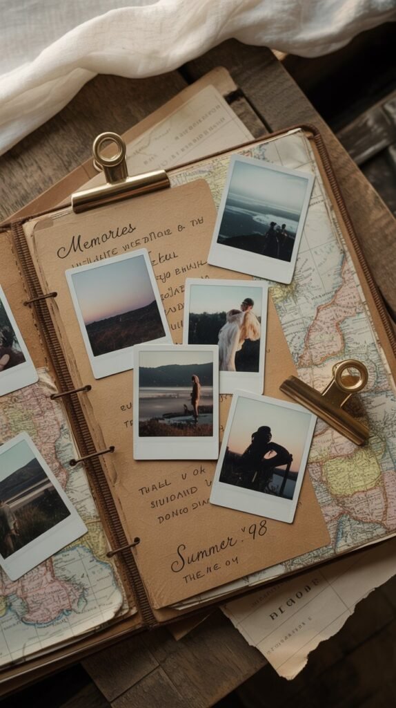 A photograph of a well-worn scrapbook page laid out on a wooden surface, showcasing a rustic, vintage aesthetic. Scattered across the page are faded Polaroid snapshots depicting landscapes and candid portraits, held in place by antique brass clips. Handwritten notes in elegant cursive script curl around the edges of the page, reading "Memories" and "Summer '98" while torn map edges frame the composition, hinting at a journey. Soft, diffused natural light illuminates the scene, creating a warm and nostalgic atmosphere.