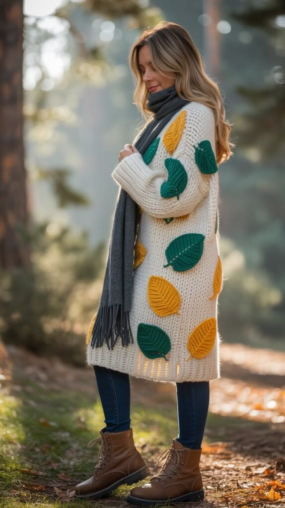 A photograph of a woman wearing a chunky cream-colored wool sweater adorned with vibrant green and yellow crochet leaf appliqués. She is standing in a sun-drenched forest, holding a long, charcoal gray scarf loosely around her neck, while her feet are adorned with worn, brown leather hiking boots. Soft morning light filters through the trees, casting long shadows and highlighting the textures of the sweater and boots, creating a sense of cozy warmth and rustic charm. The background features a blurred view of towering pine trees and fallen leaves, adding depth to the serene scene.