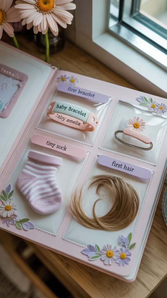 A photograph of an open baby scrapbook page showcasing cherished first memories. Within clear pockets, a faded hospital bracelet reads "Baby Amelia," a miniature striped sock lies nestled beside a wispy lock of light brown hair. Pastel pink and lavender stickers labeled with "First Bracelet" "Tiny Sock" and "First Hair" are affixed to each item, surrounded by delicate floral embellishments of pressed daisies and forget-me-nots. Soft, natural light filters in from a nearby window, illuminating the page with a gentle, nostalgic glow.