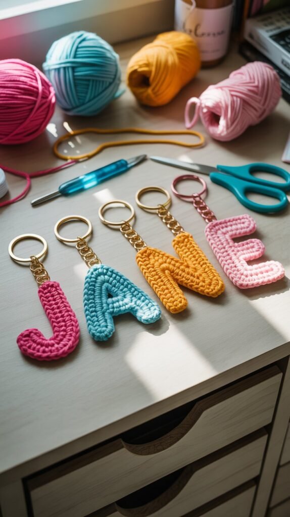 A photograph of several colorful crochet initial keychains spelling out "J A N E" arranged neatly on a light-colored wooden desk. The keychains are made from various yarn textures and hues, including vibrant pink, turquoise, and sunny yellow, each displaying a distinct letter in a playful font. Scattered around the keychains are various crafting supplies like skeins of yarn, crochet hooks, and scissors, adding to the creative atmosphere. Soft, natural light illuminates the scene, highlighting the intricate details of the keychains and casting gentle shadows across the desk.