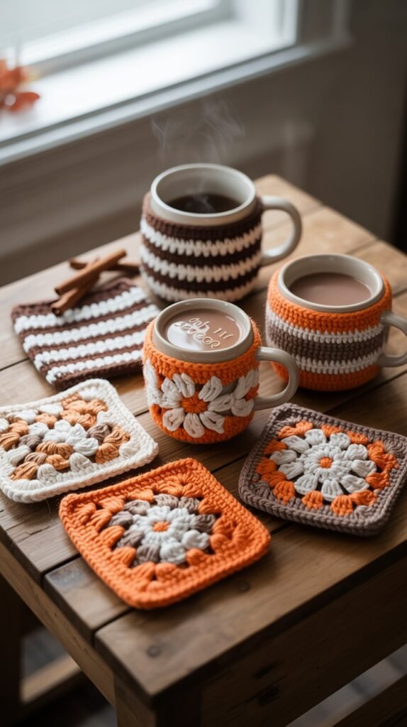 A photograph of several colorful crochet mug cozies arranged artfully on a rustic wooden table. The cozies feature patterns like stripes, flowers, and snowflakes, all in warm autumnal tones of orange, brown, and cream. A steaming ceramic mug filled with "Hot Cocoa" sits nestled within a cozy, and a few scattered cinnamon sticks lie nearby. Soft, diffused natural light streams in from a nearby window, casting gentle shadows and highlighting the cozy textures.
