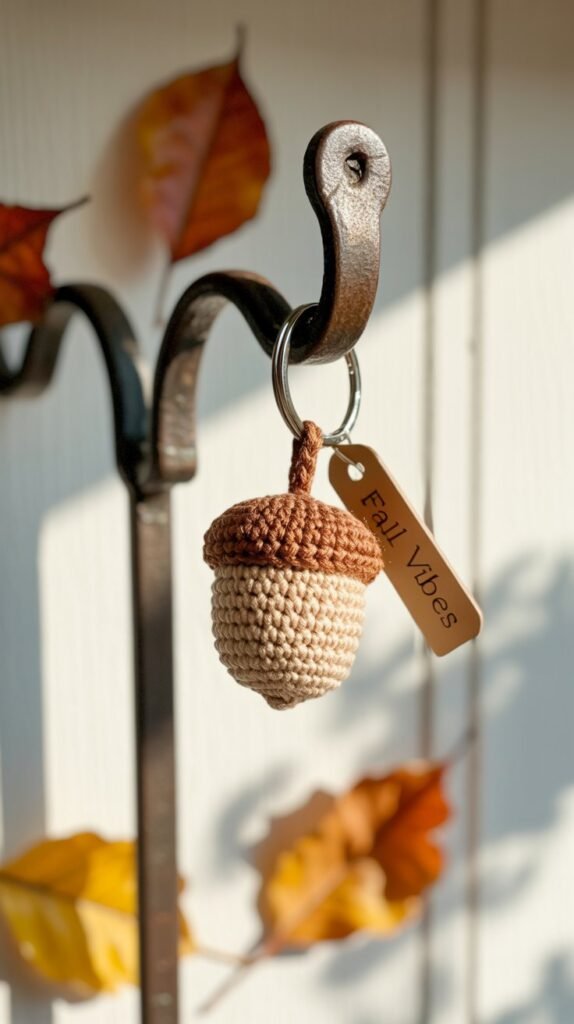 A photograph showcasing a charming crochet acorn keychain hanging from a weathered wrought-iron hook. The acorn is a warm beige color with intricate stitching details and a tiny brown felt cap, dangling slightly askew. Surrounding the hook are a few scattered autumn leaves in shades of burnt orange and golden yellow, softly blurred to create a shallow depth of field. Soft, diffused sunlight illuminates the scene, creating a cozy and inviting atmosphere with the phrase "Fall Vibes" subtly embroidered on the keychain.