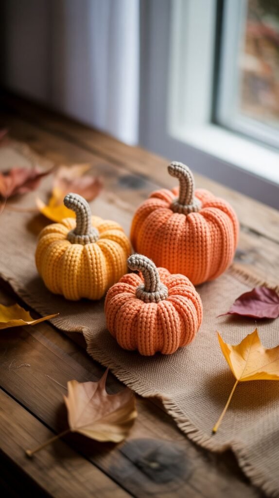 A photograph showcasing a cluster of three crochet mini pumpkins arranged on a rustic wooden table. Each pumpkin has varying shades of orange yarn, with intricately stitched details resembling ridges and stems; one pumpkin has a slightly tilted position adding a touch of whimsy. The table is adorned with a loosely draped burlap runner, and a scattering of dried leaves in shades of brown and gold provides a warm autumnal backdrop. Soft, natural light streams in from a nearby window, illuminating the scene and highlighting the textures of the pumpkins and burlap.