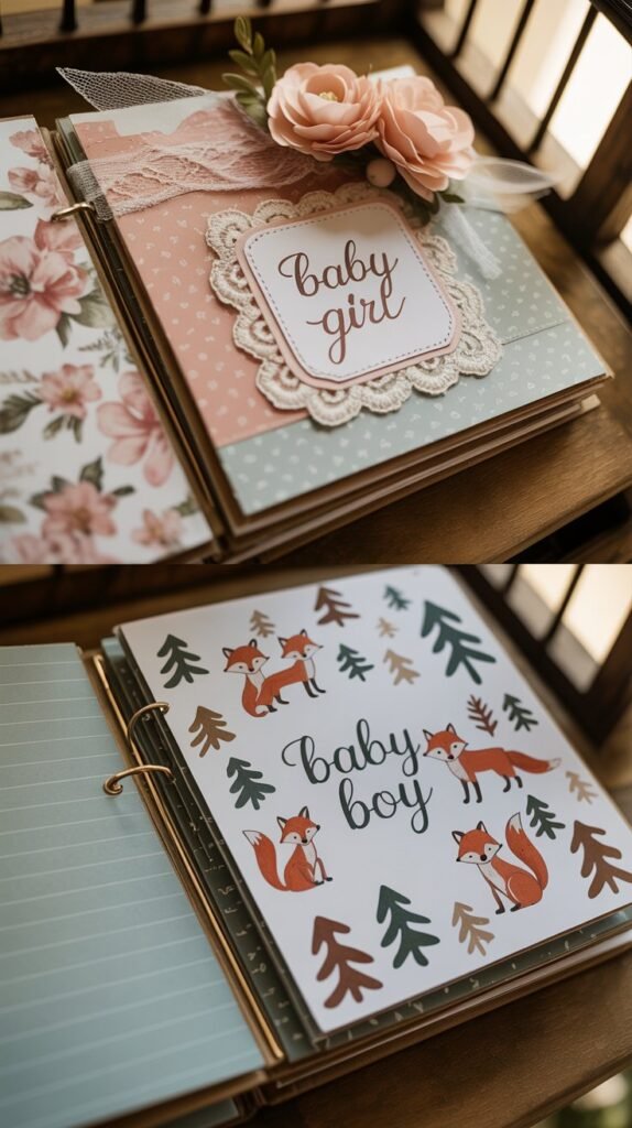 A photograph showcasing two scrapbook pages side-by-side, one dedicated to a baby girl and the other to a baby boy. The girl's page features soft pink florals and delicate white lace layered over patterned paper with a small corner displaying "Baby Girl" in elegant cursive font. The boy's page has a rustic woodland theme, with hand-drawn illustrations of foxes, squirrels, and pine trees, accompanied by the text "Baby Boy" in a playful font, set against a muted blue background. Warm, natural light illuminates the pages, highlighting the textured details of the paper and embellishments.