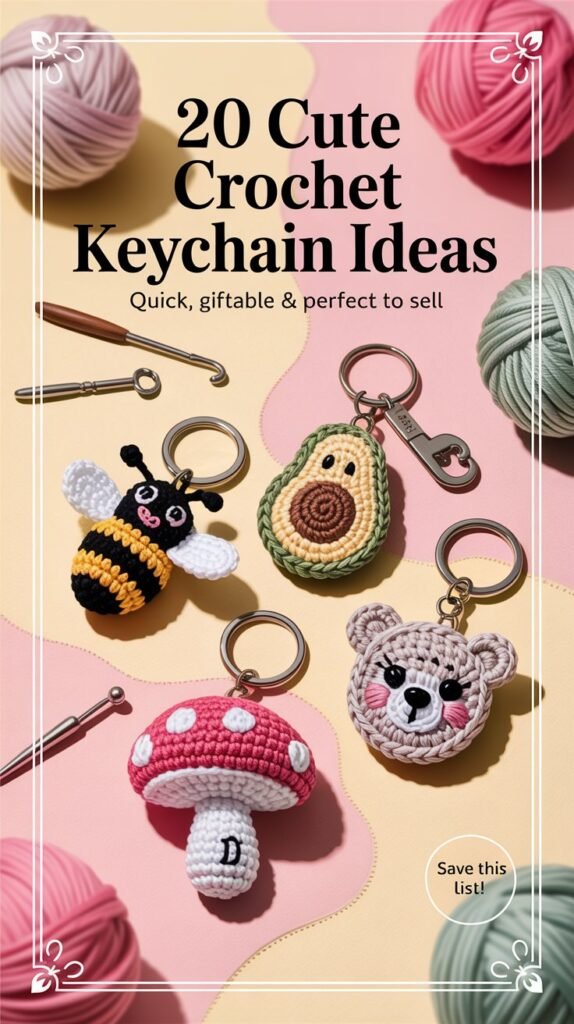 A Pinterest pin design with a soft, feminine aesthetic showcasing an arrangement of charming crochet keychains on a pastel pink and cream textured background. Three to five keychains are artfully displayed: a fuzzy bee, a smiling avocado, a whimsical mushroom, a cuddly bear, and a keychain with embroidered initials, all resting on a flat surface with subtle shadows indicating a cozy light source. Scattered around the keychains are a few loose balls of yarn and vintage crochet hooks, softly blurred in the background with a delicate white border framing the entire scene. The text overlay reads “20 Cute Crochet Keychain Ideas”, followed by the subtext "Quick, Giftable & Perfect to Sell" and a small corner tag prompting “Save this list!”.