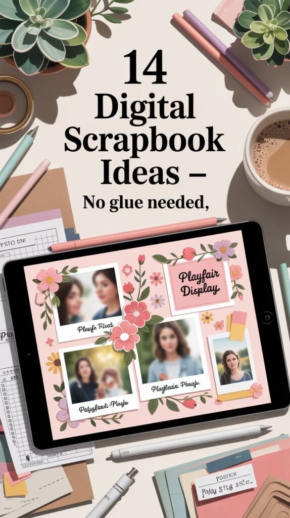 A Pinterest-style lifestyle image featuring a cozy digital scrapbook workspace bathed in soft morning light. A central iPad displays a vibrant digital scrapbook page adorned with pastel floral stickers, Polaroid photo frames with blurred memories, and elegant handwritten fonts in “Playfair Display.” The iPad rests on a light wood desk with scattered pens, a ceramic mug with steaming coffee, and a small succulent, creating a warm and inviting atmosphere. The text overlay, "14 Digital Scrapbook Ideas – No Glue Needed," is centered above the iPad in a clear serif font, complementing the overall aesthetic of organized creativity and effortless design.