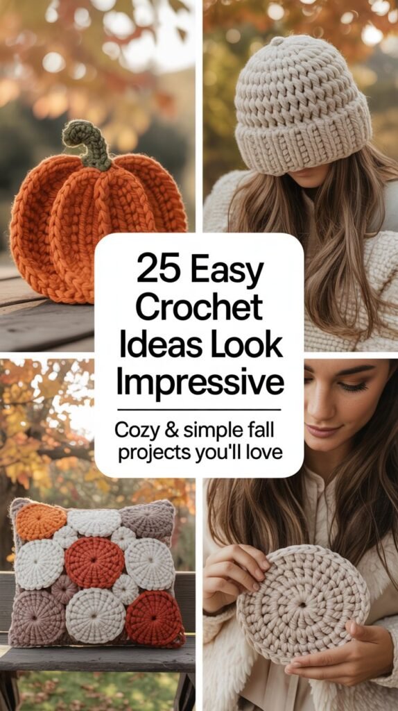 A Pinterest-style vertical image showcasing a curated collection of cozy crochet projects, perfect for fall. The central focus is a visually appealing collage of four finished items: a vibrant orange pumpkin potholder, a chunky cream-colored beanie with a ribbed pattern, a textured fall-themed pillow with leaf motifs, and a close-up of a simple, crocheted coaster, all artfully arranged against a soft, blurred background of warm autumn foliage. The background features a bokeh effect of warm oranges and browns with soft sunlight filtering through the leaves, and the text overlay reads “25 Easy Crochet Ideas That Look Impressive” in a bold, feminine font above the subtext “Cozy & Simple Fall Projects You’ll Love” in a smaller, complementary typeface. The overall tone is inviting and inspiring, evoking feelings of warmth and creativity with a focus on textural details and the beauty of handmade crafts.