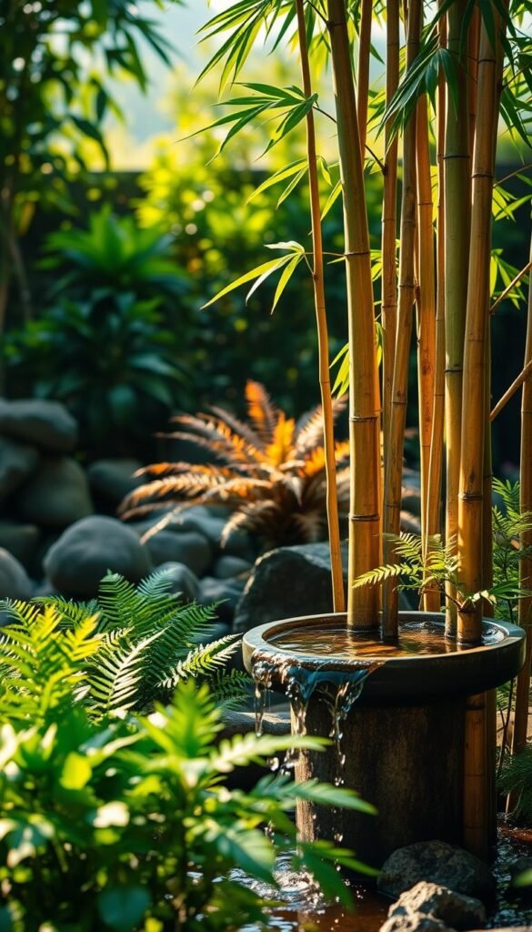 a serene bamboo fountain surrounded by lush greenery, with natural sunlight filtering through the bamboo stalks, creating a warm and calming atmosphere. In the foreground, a simple yet elegant bamboo water feature with a gentle flow of water cascading down the natural bamboo structure. The middle ground features a collection of vibrant green foliage, including ferns and other Asian-inspired plants, creating a sense of depth and tranquility. The background is filled with a blurred, out-of-focus landscape, further emphasizing the focal point of the bamboo fountain. The overall scene conveys a peaceful and Zen-like ambiance, perfectly suited for an Asian-inspired garden or backyard.