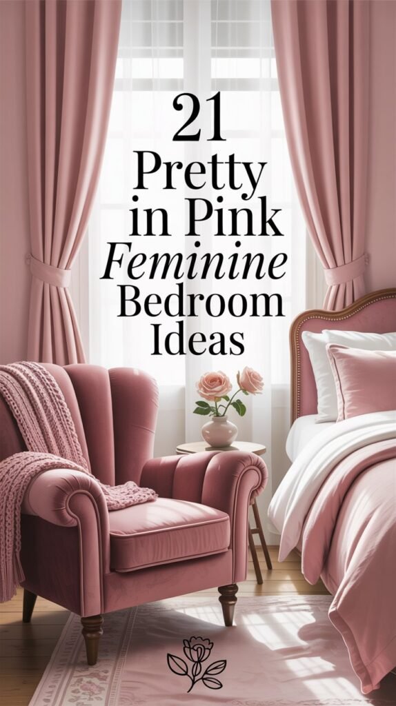 A soft-focus digital illustration depicting a stylish feminine bedroom corner, ideal for a home decor blog post. A plush velvet armchair in a dusty rose hue sits angled towards the viewer, adorned with a knitted throw and a single, delicate white rose in a small ceramic vase placed on the armrest. A neatly made bed with blush-toned linen bedding is partially visible in the background, softly illuminated by natural light filtering through sheer curtains. Overlayed in elegant “Playfair Display” font, the text “21 Pretty in Pink Feminine Bedroom Ideas” appears centered with a subtle shadow, accompanied by a small stylized floral icon in the bottom right corner.