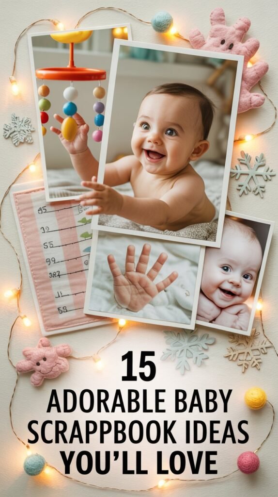 A soft, pastel-themed scrapbook spread showcasing precious moments of a smiling baby, perfect for a family keepsake. The baby, around six months old, is playfully reaching for a colorful mobile with a delighted expression, nestled amongst delicate handprints and charming fabric growth charts depicting their milestones. Scattered around the photos are festive holiday decorations – miniature paper snowflakes, tiny felt ornaments, and miniature string lights – casting a warm glow on the page, while the text overlay boldly states: “15 Adorable Baby Scrapbook Ideas You’ll Love”. The background is a creamy, textured paper, adding a vintage scrapbook feel to the entire spread.