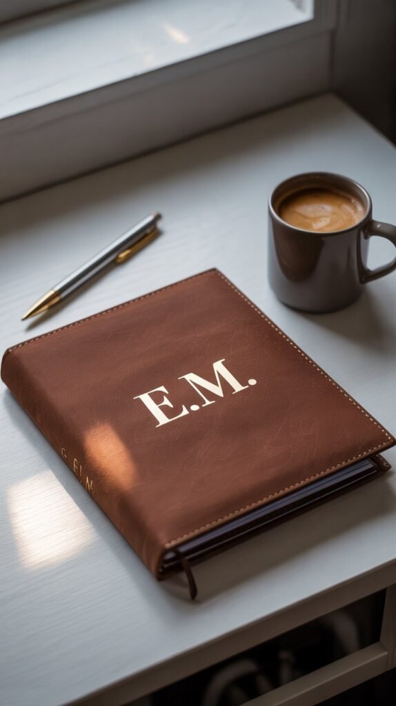 A still life photograph featuring a soft brown faux leather scrapbook cover with shining gold initials, "E.M.", prominently displayed. The cover rests on a crisp white desk surface, its texture subtly reflecting ambient light. A sleek metallic pen and a steaming cup of coffee sit nearby, contributing to a scene of focused creativity. Soft, diffused natural light illuminates the composition from a window to the left, casting gentle shadows and highlighting the richness of the materials.