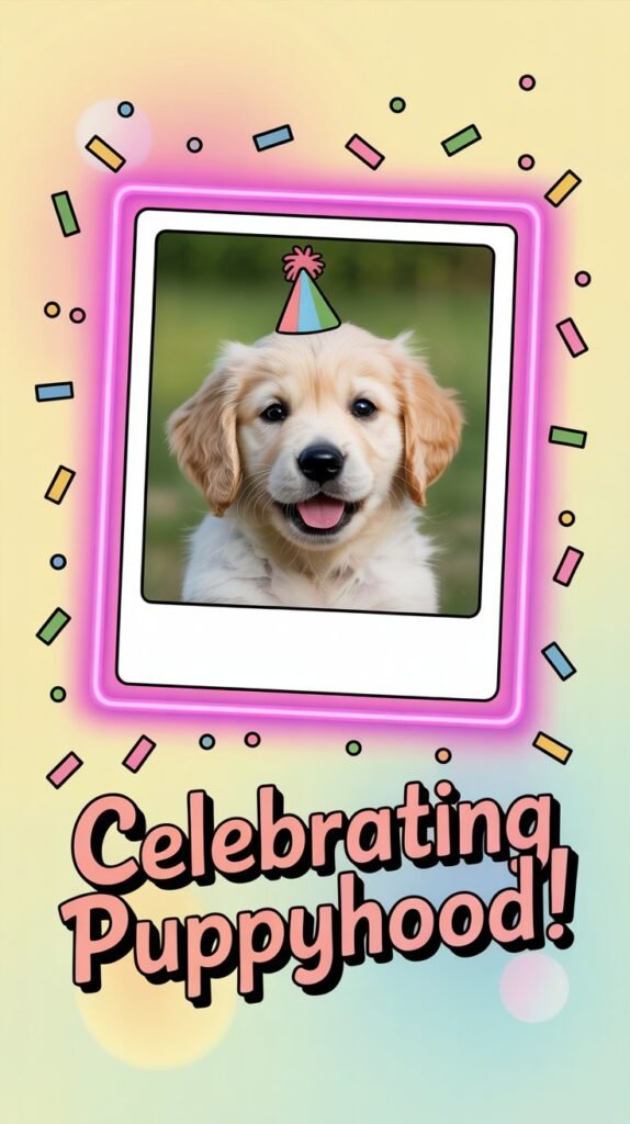 A vibrant digital scrapbook page showcases a single, Polaroid-style photo featuring a smiling golden retriever puppy wearing a tiny party hat. The puppy is positioned slightly off-center, with its head tilted playfully, and the Polaroid frame is outlined in electric pink neon. Scattered around the photo are cheerful confetti stickers in rainbow colors, and a bubbly, handwritten caption reads "Celebrating Puppyhood!" in a playful font, all against a soft, pastel yellow background with subtle bokeh effects.