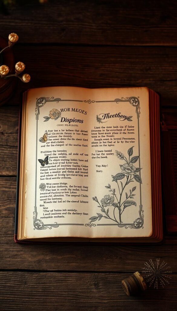 a vintage book page with a faded, distressed look, featuring intricate floral patterns and delicate botanical illustrations, lit by warm, soft lighting, creating a cozy, rustic ambiance, the page is artfully arranged on a wooden surface, with subtle textures and a sense of aged elegance, the composition is balanced and visually appealing, with a focus on the intricate details and muted color palette of the vintage book page