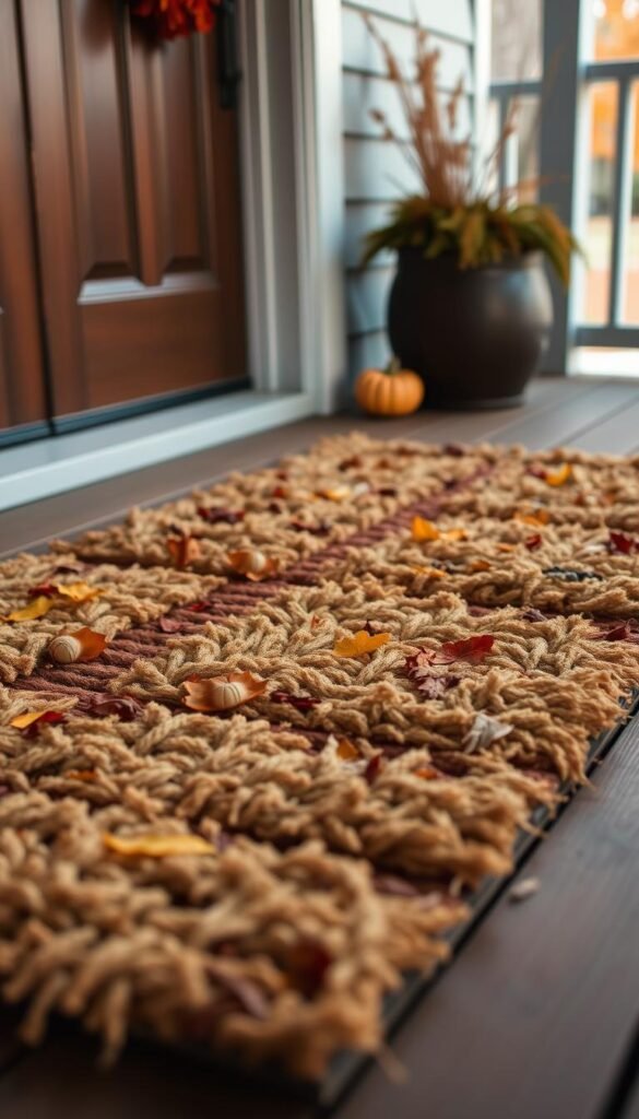 a well-crafted, rustic door mat made of natural fibers and materials, laying on a wooden deck or porch, with autumn leaves and decorative seasonal elements in the background, in soft, warm lighting that highlights the textural details, creating a cozy, inviting atmosphere for a fall-themed entryway