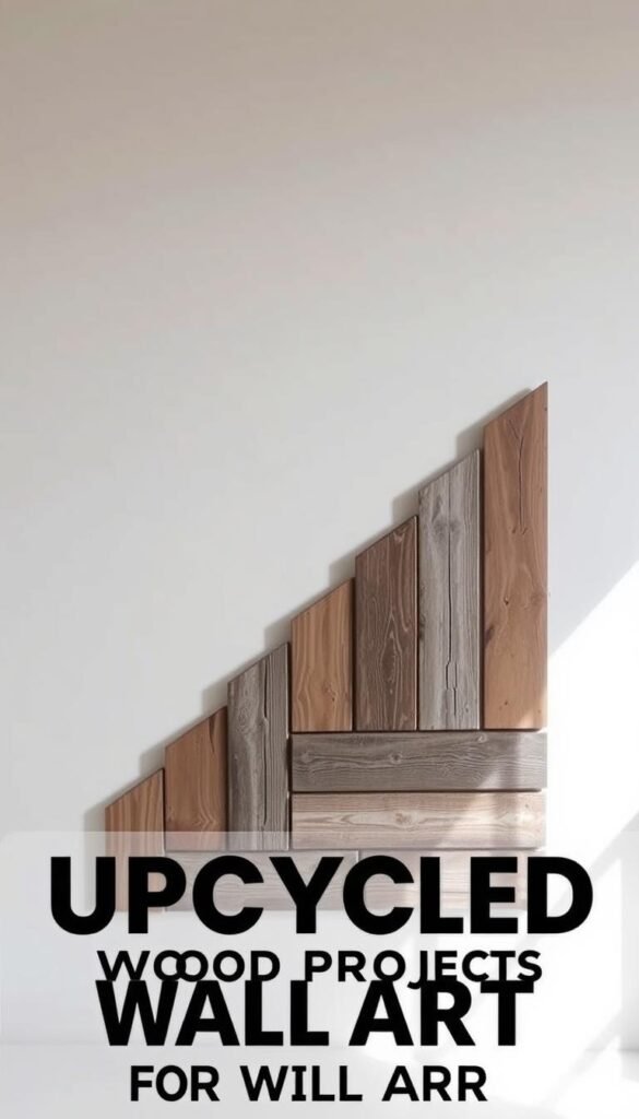 a well-lit, rustic wooden wall art piece, featuring a geometric pattern of natural, weathered wooden planks in varying shades of brown and grey, arranged in a striking, minimalist design. The wood has a slightly distressed, reclaimed appearance, adding depth and character. The arrangement is mounted on a clean, white wall, with subtle shadows and highlights accentuating the texture and dimensionality of the wood. The overall atmosphere is one of warmth, simplicity, and a touch of industrial chic, perfectly suited for the "Upcycled Wood Projects for Wall Art" section of the article.