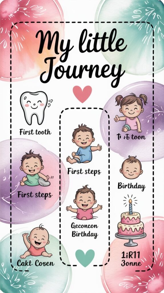 A whimsical digital timeline illustration with a soft pastel background, showcasing a child's early milestones. The timeline features cute, hand-drawn milestone icons including a tiny first tooth, wobbly first steps, and a celebratory first birthday cake, each rendered in a charming, cartoon style. Gentle watercolor washes in shades of pink, lavender, and mint green create a soothing backdrop, with a subtle dotted line marking the passage of time. The timeline is titled "My Little Journey" in a playful, handwritten-style font, positioned prominently at the top, evoking a sense of warmth and nostalgia.