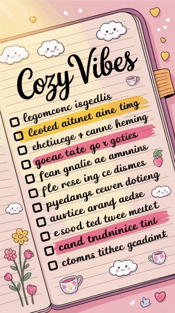 A whimsical illustration of a soft pastel-colored notebook page filled with charming details. The page features a handwritten list titled "Cozy Vibes" in elegant cursive lettering, accented with vibrant pink and yellow highlights that playfully emphasize key items. Scattered around the list are cute doodles of smiling clouds, tiny teacups, and blooming flowers, creating a sense of joyful organization. A warm, diffused light illuminates the page, suggesting a cozy afternoon spent journaling and dreaming.