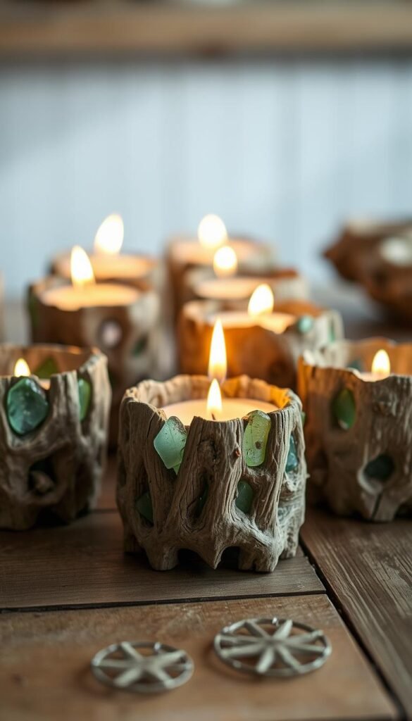 driftwood candle holders with sea glass, arrangement of handcrafted organic candle holders on a wooden surface, natural lighting illuminating the scene, close-up view showcasing the textured driftwood and the embedded sea glass shards, soft focus on the candle flames, muted color palette of beige, blue, and green tones, calming and serene coastal-inspired atmosphere, high-resolution, hyper-realistic, cinematic lighting, DSLR camera, 50mm lens