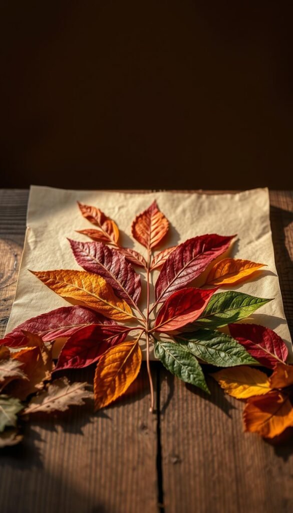 A beautifully composed still life showcasing a pressed leaf art piece. In the foreground, vibrant autumn leaves of various shapes and colors are carefully arranged in an elegant, symmetrical pattern. The leaves are delicately pressed between layers of transparent parchment paper, creating a striking visual contrast. The middle ground features a rustic wooden surface, with a subtle vignette effect drawing the eye towards the leaf arrangement. Warm, directional lighting casts soft shadows, emphasizing the intricate leaf textures and creating a cozy, autumnal atmosphere. The background is a muted, earthy tone, allowing the leaf artwork to take center stage. The overall composition exudes a sense of tranquility and artistic expression, perfectly capturing the essence of a creative leaf-based craft project.
