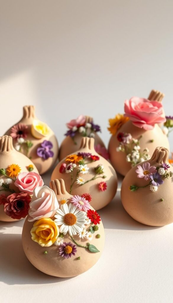 A beautifully crafted arrangement of clay ornaments delicately pressed with an array of vibrant flowers. The foreground features an array of organic ceramic shapes, each one uniquely decorated with a variety of pressed blooms - roses, daisies, and baby's breath. The middle ground showcases the textural interplay between the matte clay and the preserved floral elements. A soft, natural lighting casts a warm, earthy glow, highlighting the intricate details and patterns. The background is a serene, neutral backdrop, allowing the crafted keepsakes to take center stage. An image that evokes a sense of rustic elegance and handcrafted charm.