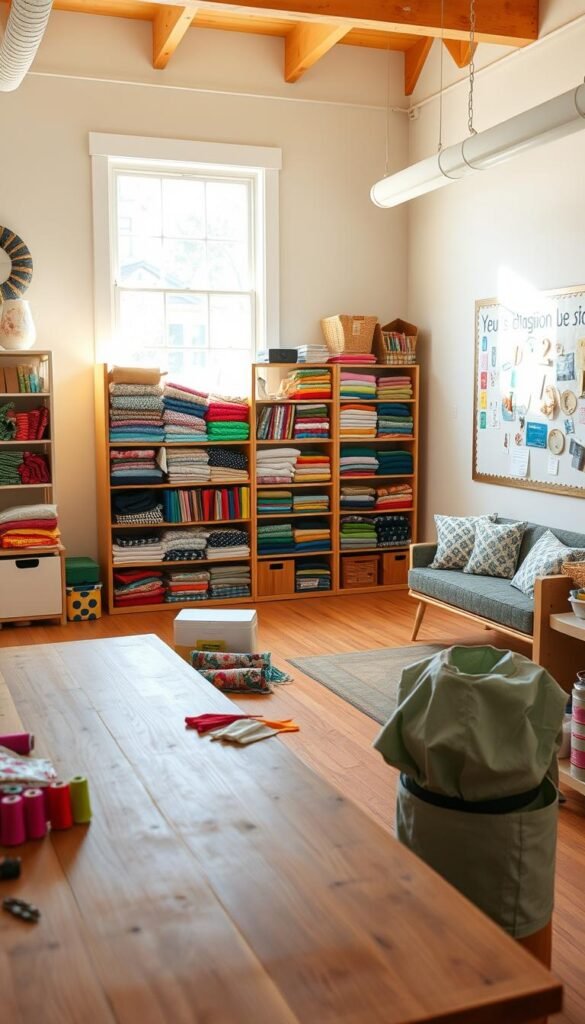 A bright, airy fabric crafting space with a large wooden table in the foreground, adorned with an assortment of fabrics, sewing supplies, and vibrant thread spools. In the middle ground, a well-organized shelving unit displays neatly folded fabric bolts, while a large window floods the room with natural light, casting a warm, inviting glow. The background features a bulletin board covered in colorful inspiration, alongside a cozy seating area perfect for kids to gather and create. The overall atmosphere is one of creativity, imagination, and the joy of hands-on fabric exploration. A bright, airy fabric crafting space with a large wooden table in the foreground, adorned with an assortment of fabrics, sewing supplies, and vibrant thread spools. In the middle ground, a well-organized shelving unit displays neatly folded fabric bolts, while a large window floods the room with natural light, casting a warm, inviting glow. The background features a bulletin board covered in colorful inspiration, alongside a cozy seating area perfect for kids to gather and create. The overall atmosphere is one of creativity, imagination, and the joy of hands-on fabric exploration.