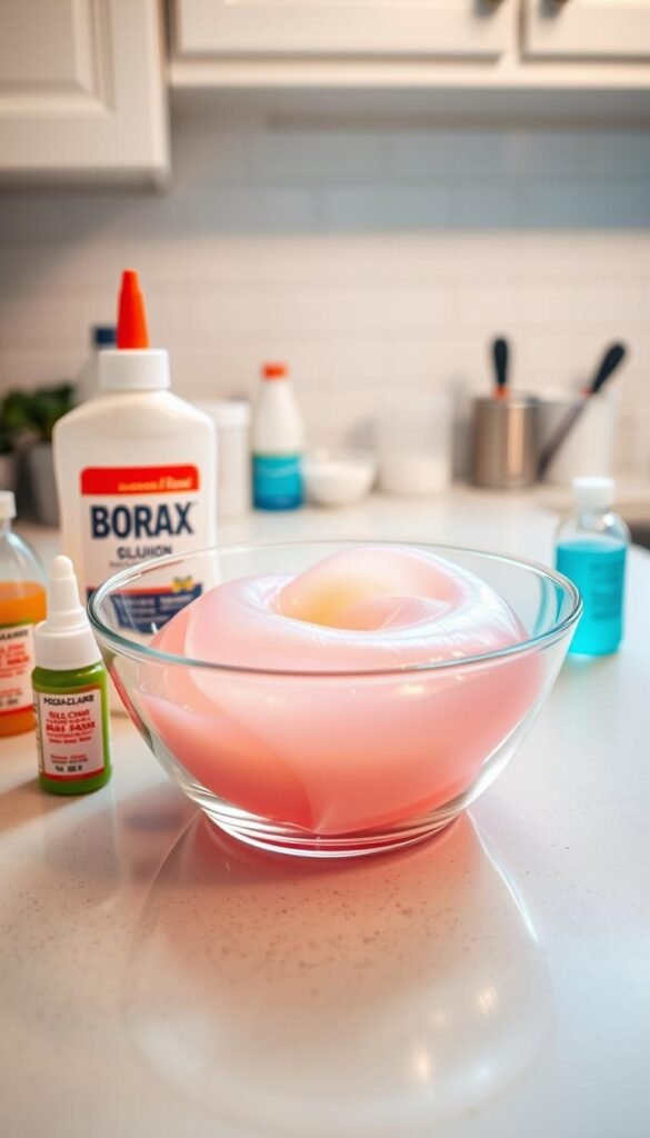 A bright, well-lit kitchen counter with various household ingredients arranged neatly. On the counter, a glass bowl filled with a smooth, glossy slime-like substance, surrounded by bottles of clear glue, borax solution, and food coloring. The slime has a vibrant, shimmering texture, hinting at its tactile and satisfying nature. The overall scene conveys a sense of experimentation and DIY craftsmanship, with the focus on the homemade slime as the central subject. Lighting is diffused and warm, creating a welcoming and inviting atmosphere for the viewer to imagine the process of creating slime without an activator.