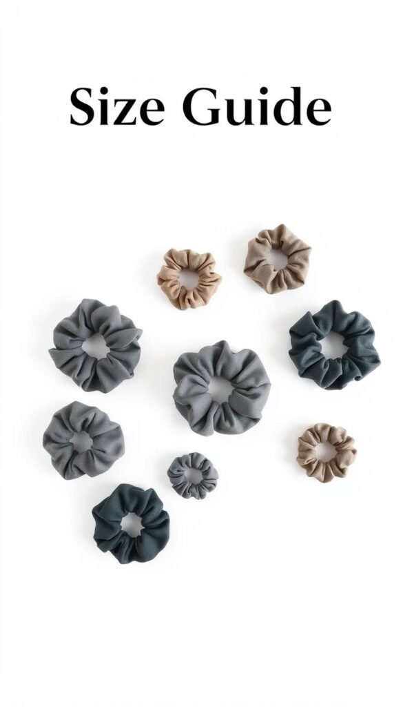 A clean, minimalist illustration of a size guide for scrunchies, showcasing various scrunchie diameters arranged neatly on a plain white background. Soft, diffused lighting creates an airy, informative atmosphere. The scrunchies are photographed from a slight overhead angle, highlighting their voluminous, three-dimensional shape and texture. The sizes are clearly delineated, allowing the viewer to easily understand the relative scale. The prompt should convey a sense of utility and practicality, suitable for an educational article. Prompt A clean, minimalist illustration of a size guide for scrunchies, showcasing various scrunchie diameters arranged neatly on a plain white background. Soft, diffused lighting creates an airy, informative atmosphere. The scrunchies are photographed from a slight overhead angle, highlighting their voluminous, three-dimensional shape and texture. The sizes are clearly delineated, allowing the viewer to easily understand the relative scale.